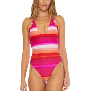 NWOT Trina Turk Solstice Plunge One Piece Swimsuit Pink Orange Stripe Size 8